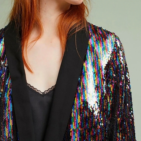 NWOT✨️ Anthropologie Cartonnier Rainbow Silver Black  Sequin Flip Blazer Jacket - Picture 4 of 13